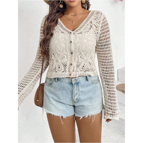 Women's Plus Size Crochet Cover Up Cardigan Sheer Lightweight Button - Picture 4 of 5